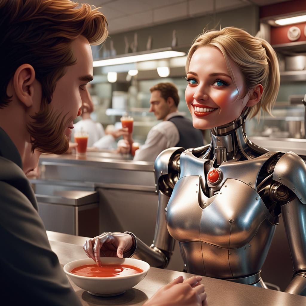 Android Waitress Serves Soup in Cyberpunk Diner