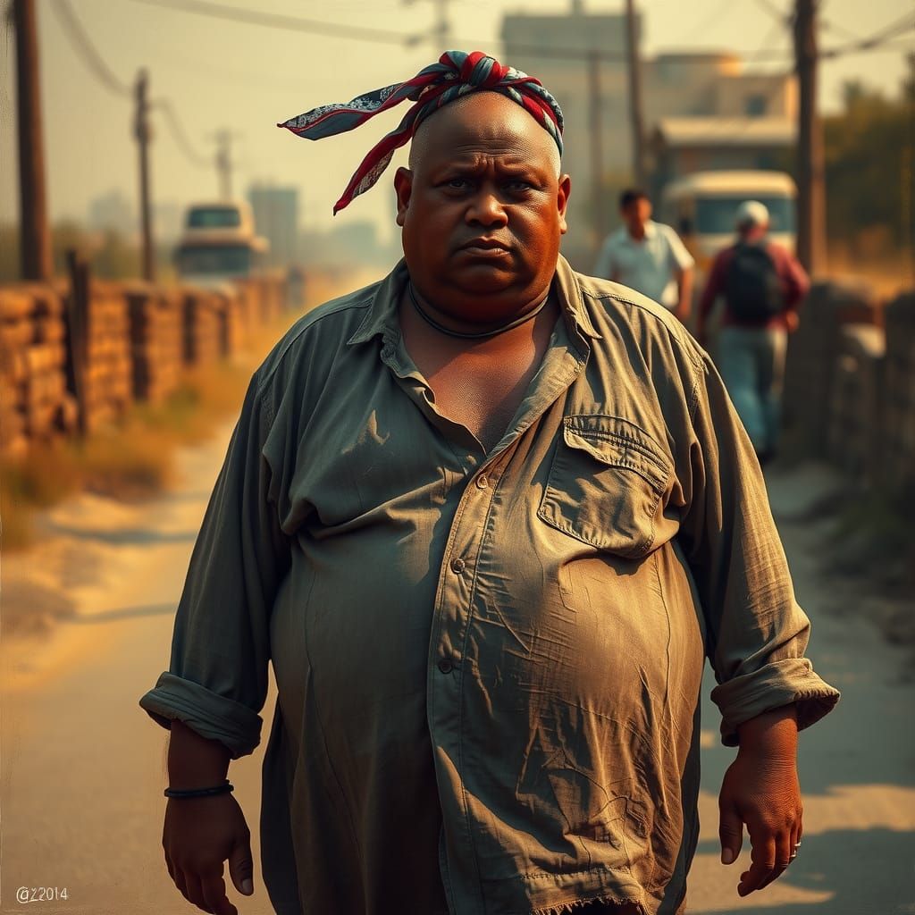 Sweaty Man on Dusty Road as Impressionistic Painting