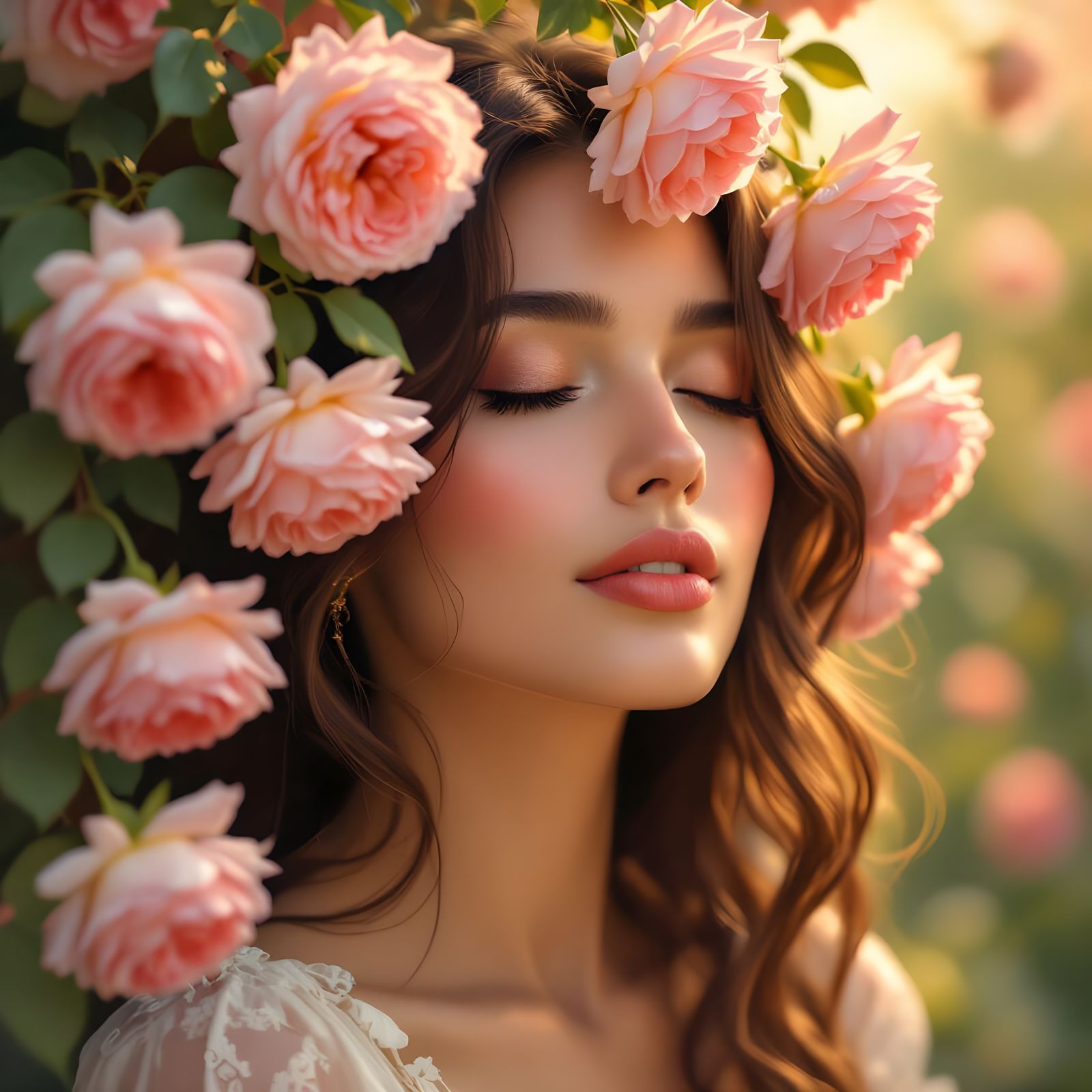 Woman Contemplating Amidst Dew-Kissed Roses