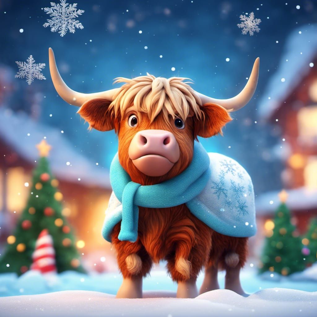 Christmas Highland Cow in Snow, 3D Digital Art