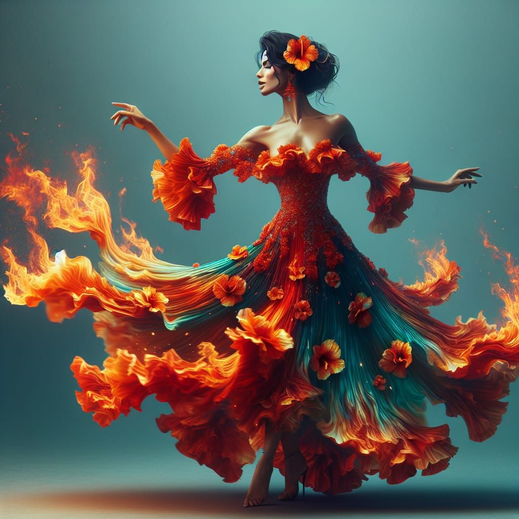 Vibrant Hispanic Woman Dances in Fiery Dress