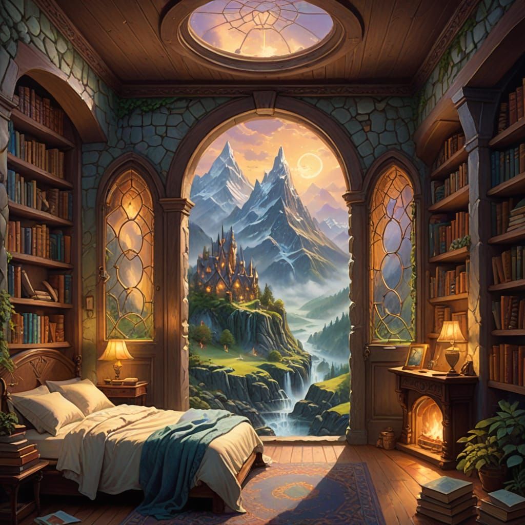 Ethereal Fantasy Bedroom with Magical Portal to Middle Earth