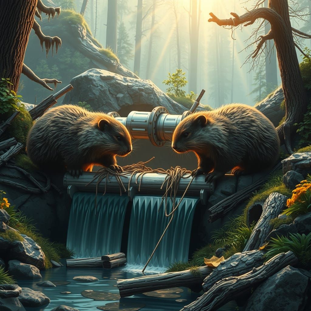 Cyberpunk Beavers Building a Futuristic Dam