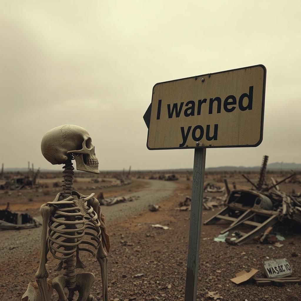 Post-Apocalyptic Skeleton Stares at Warning Sign