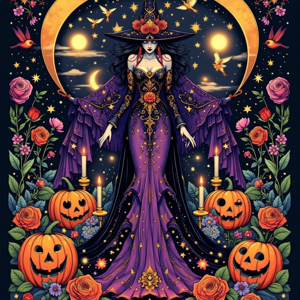Mystical Witch in Cosmic Gown, Neo-Traditional Tattoo Style