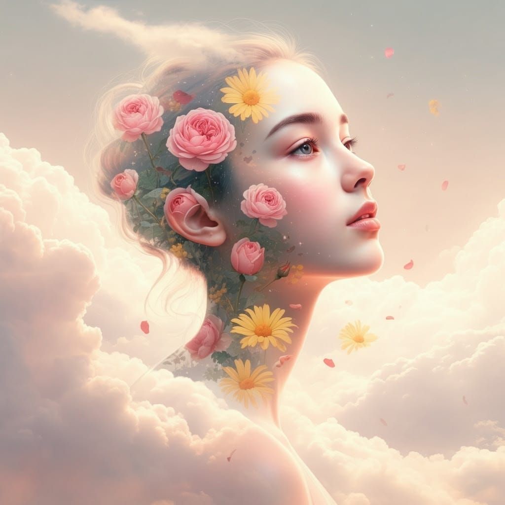 Dreamy Portrait of a Woman Among Whimsical Clouds
