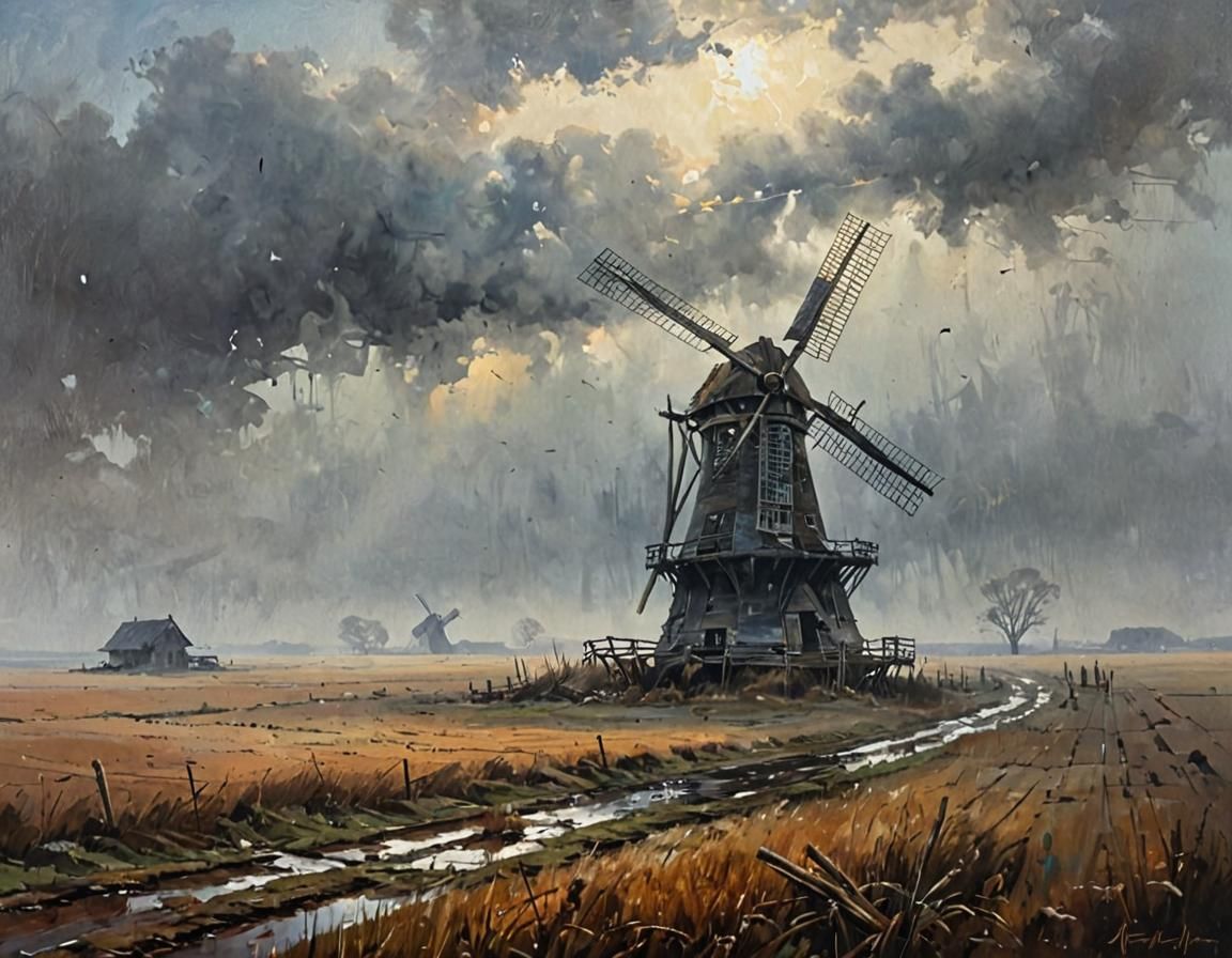 Dilapidated Windmill in Fog, Oil Painting