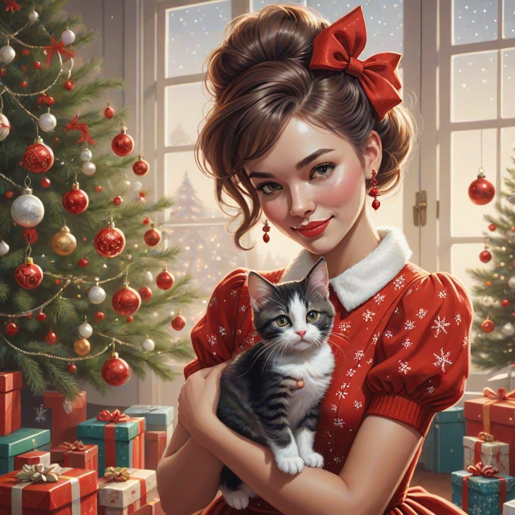 1950s Pin-Up Woman Hugs Kitten Christmas Illustration