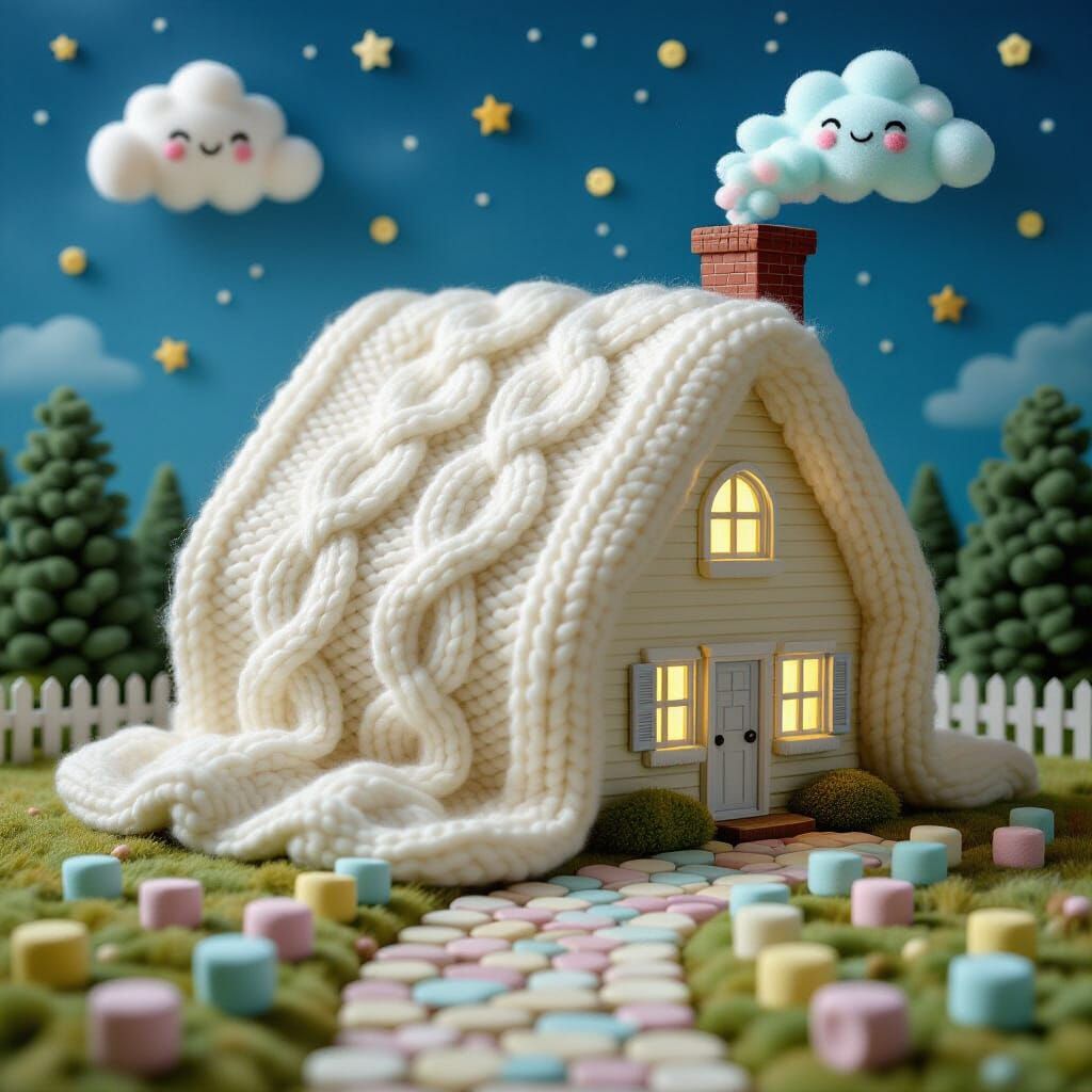 Cozy Cottage Tucked In With Knitted Blanket and Marshmallow ...