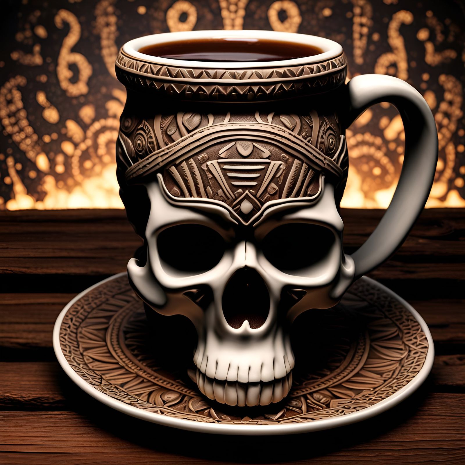 Aztec Skull Mug with Steaming Coffee