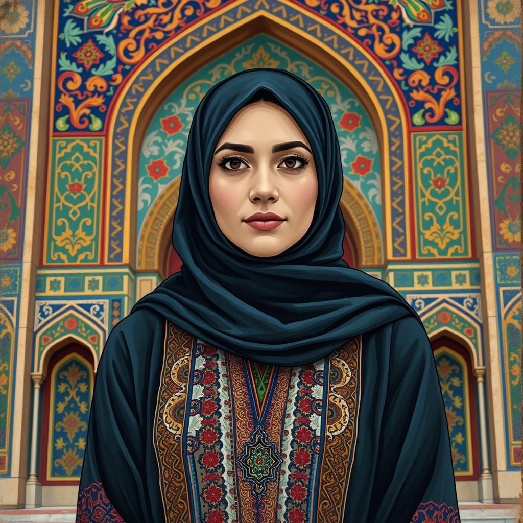 A Woman in Traditional Iranian Attire, Amidst Vibrant Persia...
