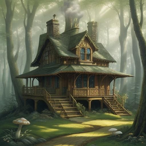 Mushroom House in Forest Clearing, Watercolor Style