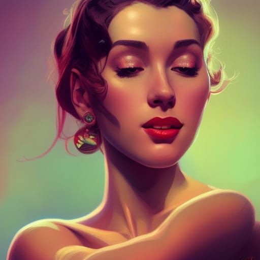 1950s Peach Portrait in Art Nouveau Style