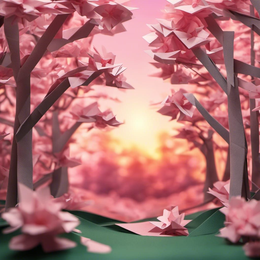 Origami Cherry Blossom Forest Sunset in Papercraft Style