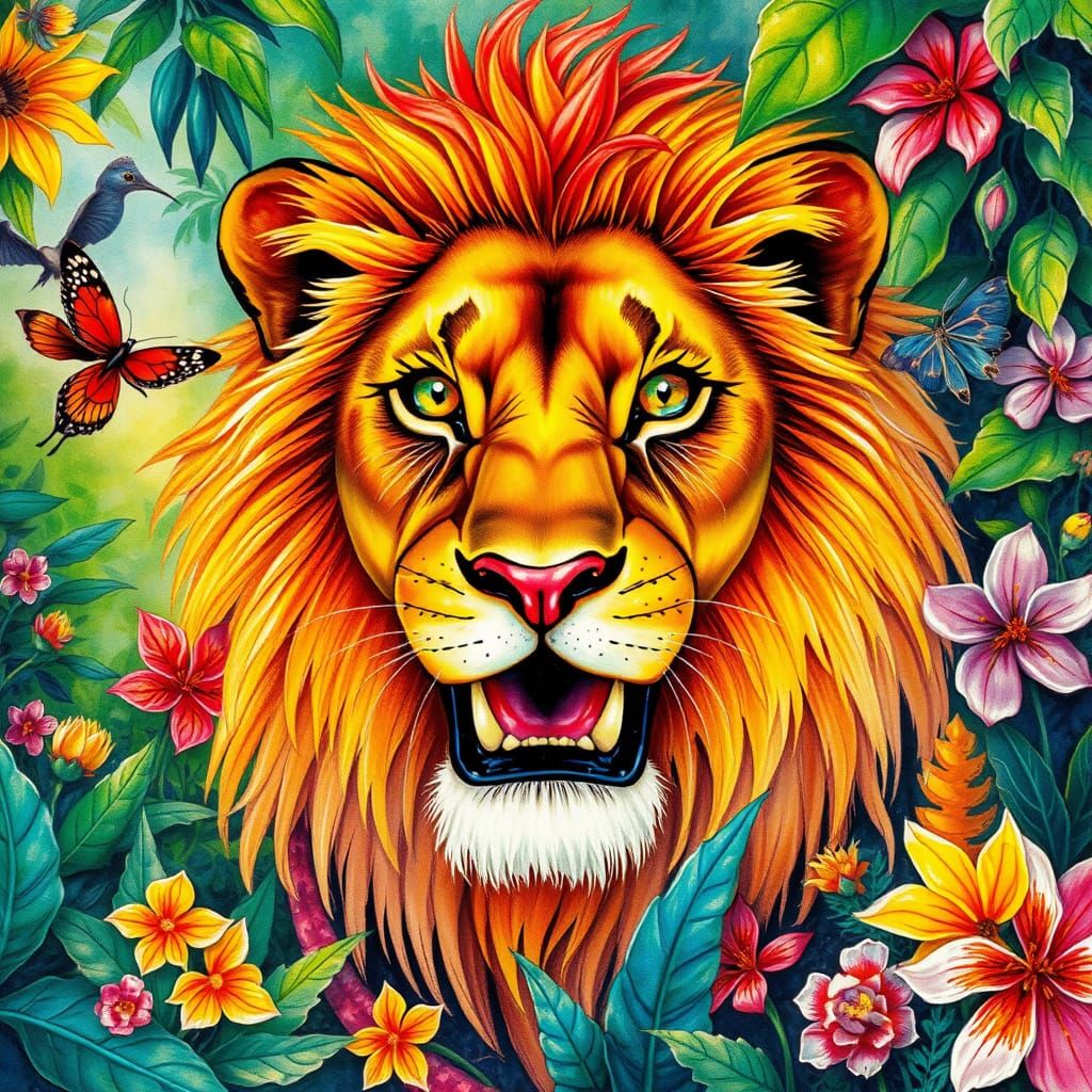 Luminous Lion in Whimsical Jungle Watercolor Art