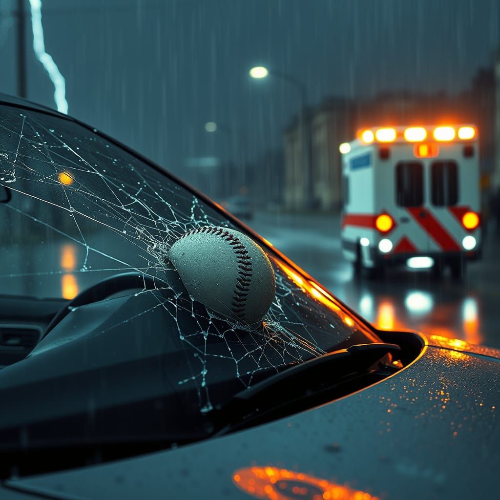 Futuristic Car Ambulance Crash Site Amidst Lightning Storm