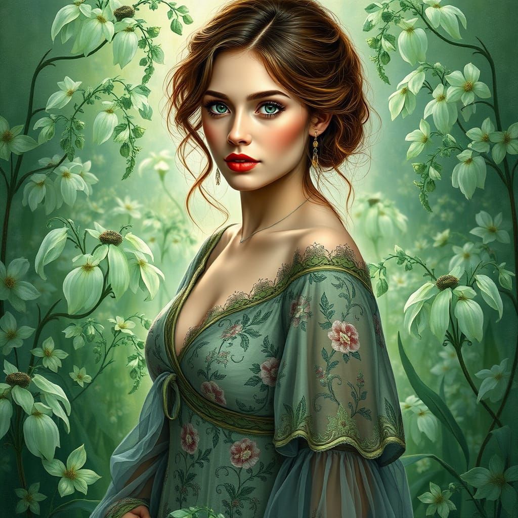 A Dreamy Woman in a Lush Garden Scene, in an Impressionist S...