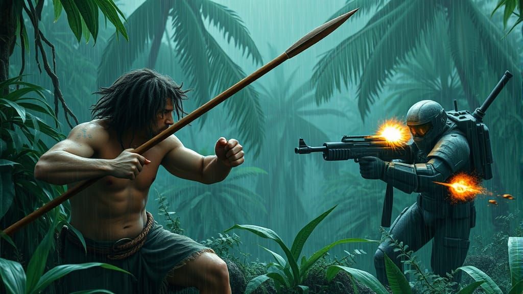 Caveman vs Space Marine in Jungle Rainstorm