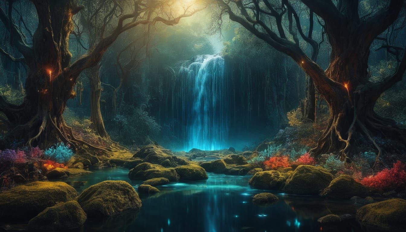 Surreal Waterfall Cityscape with Dramatic Lighting