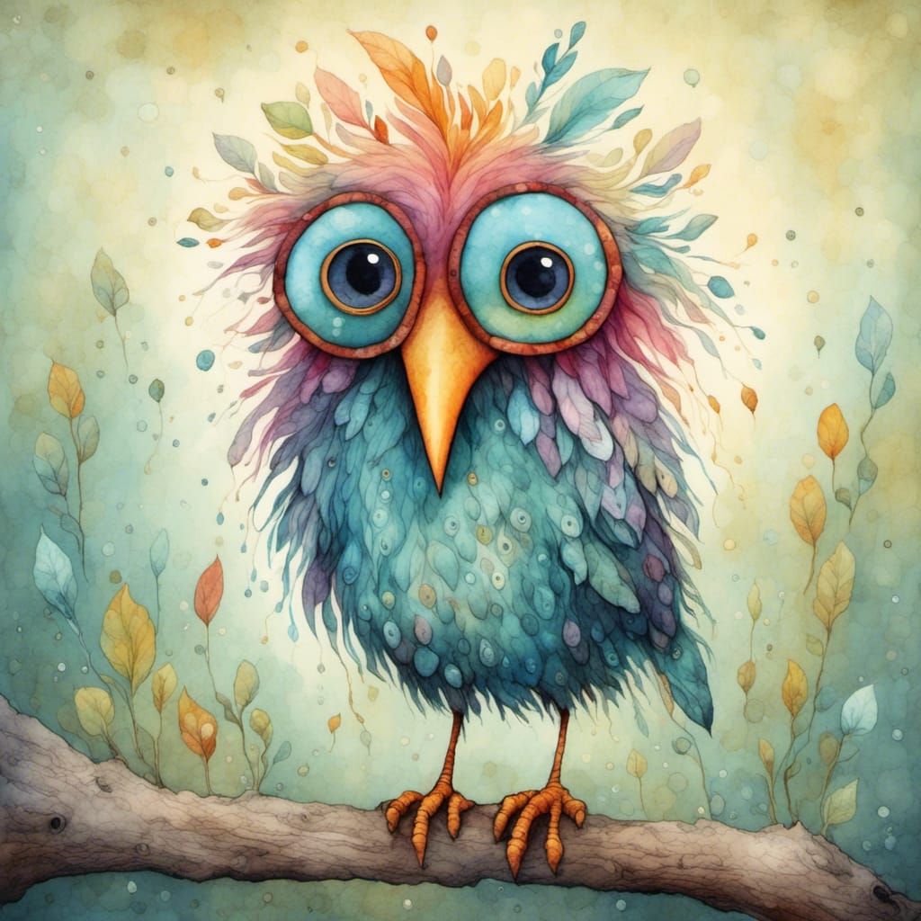 sad faced quirky bird, pastel feathers, long over hanging he...