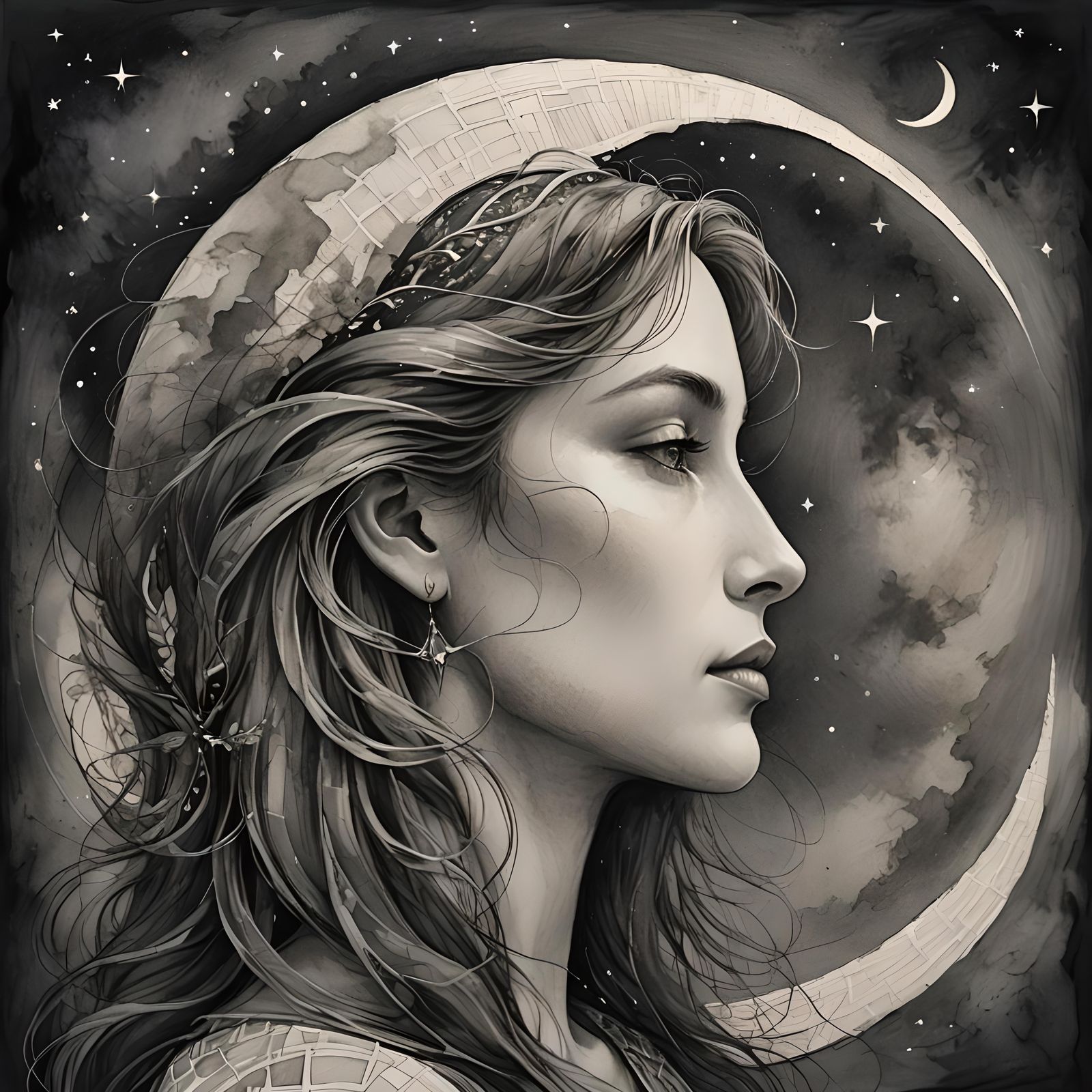 Dreamy Woman in the Moon Alcohol Ink Drawing