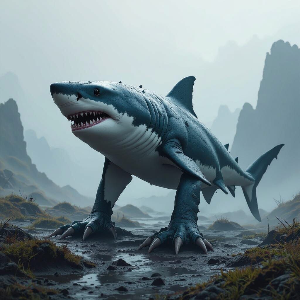 Shark with Feet on Misty Landscape as Matte Painting