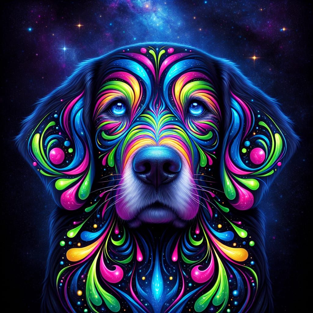 Psychedelic Neon Dog Portrait on Starry Background