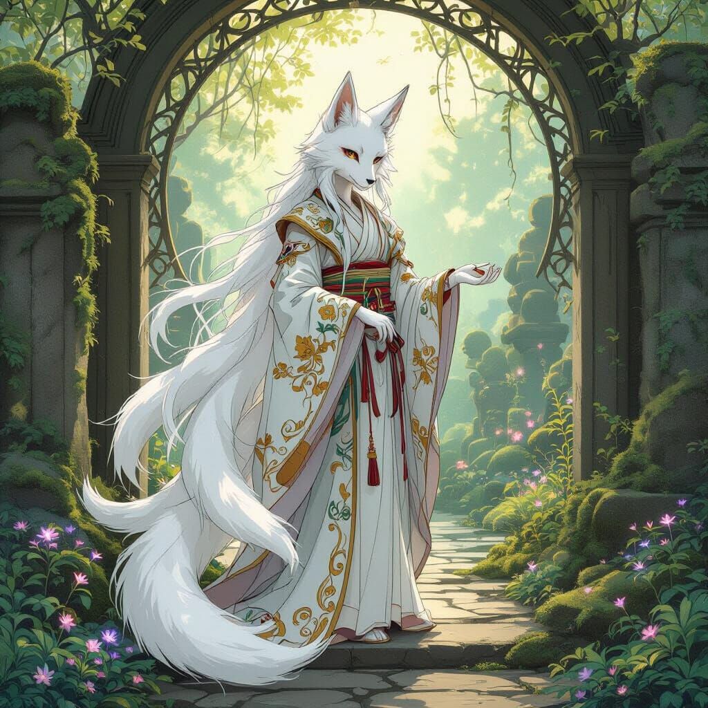 Nine-Tailed Kitsune in Enchanted Art Nouveau Garden
