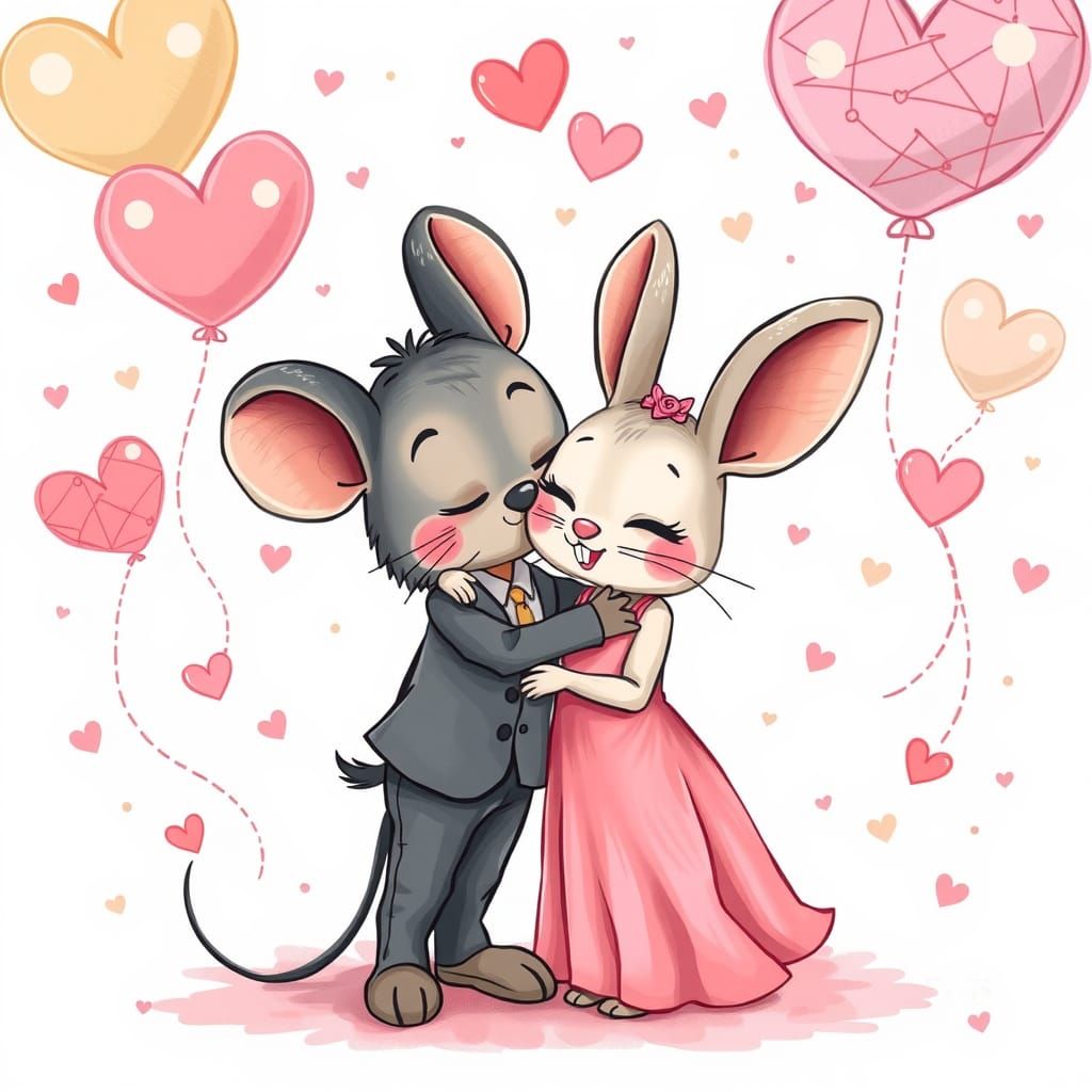 Charming Cartoon Mouse and Rabbit Couple Embrace