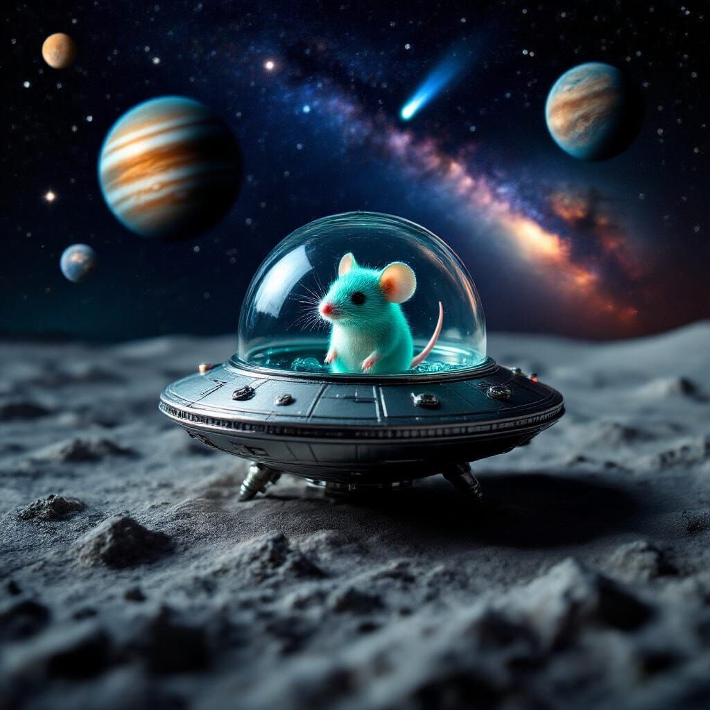 Alien Spaceship with Mouse on Moon, Starry Night Sky