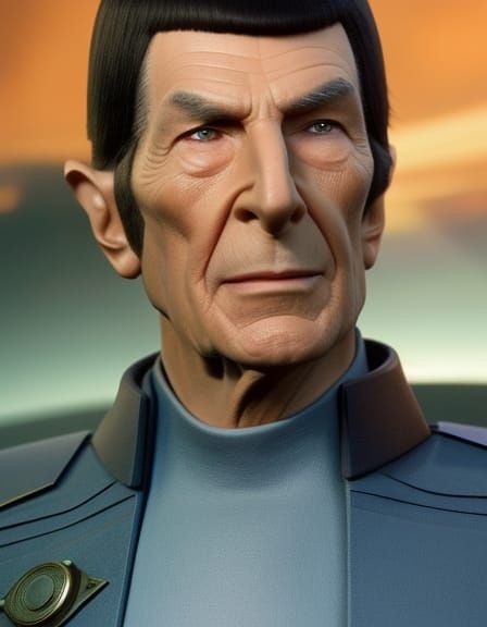 Insanely_detailed_screen capture of "Star Trek" séries. Leonard Nimoy as Captain Spock in spaceship. Photorealistic; Hyp...