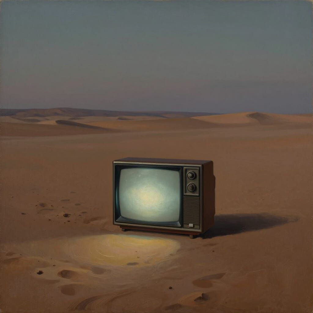 Retro TV in Desert Landscape Oil Painting