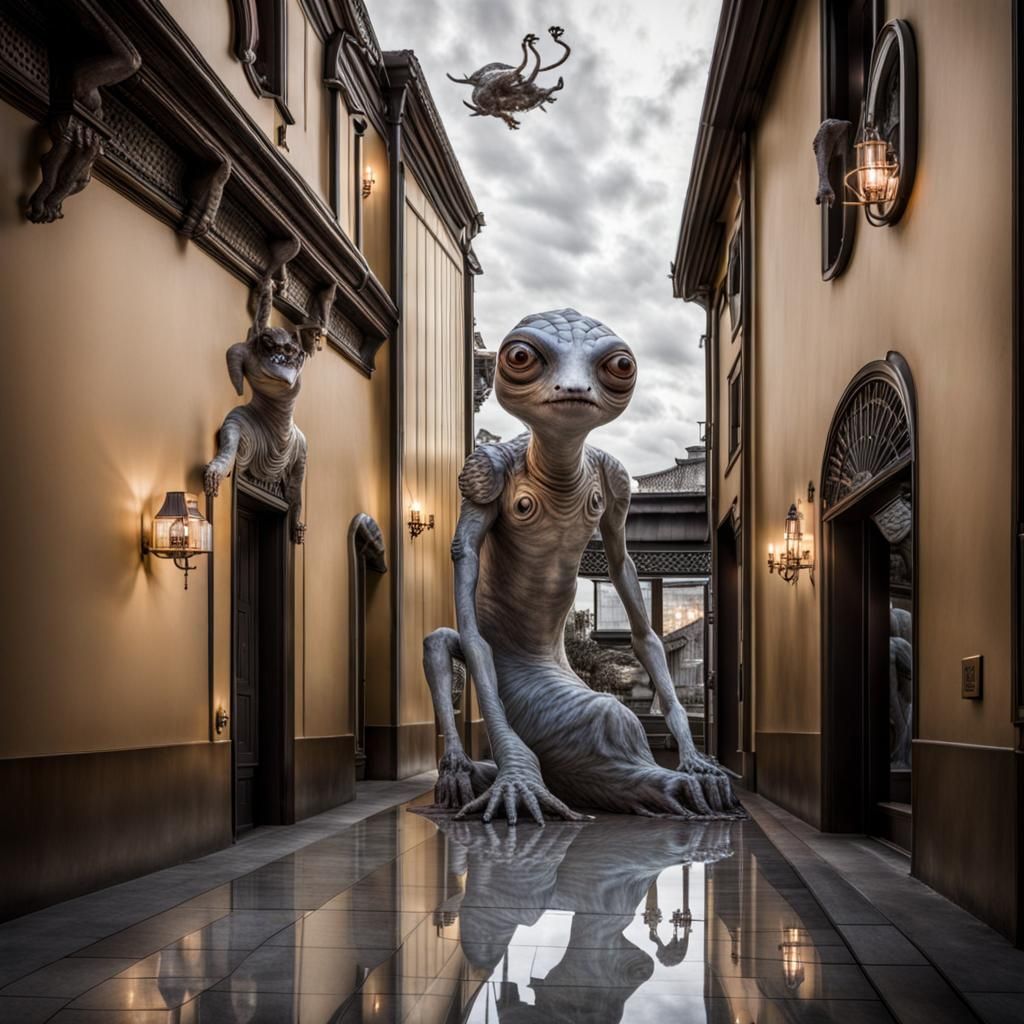 Surreal Restaurant Scene with Exotic Aliens, Professional Ph...