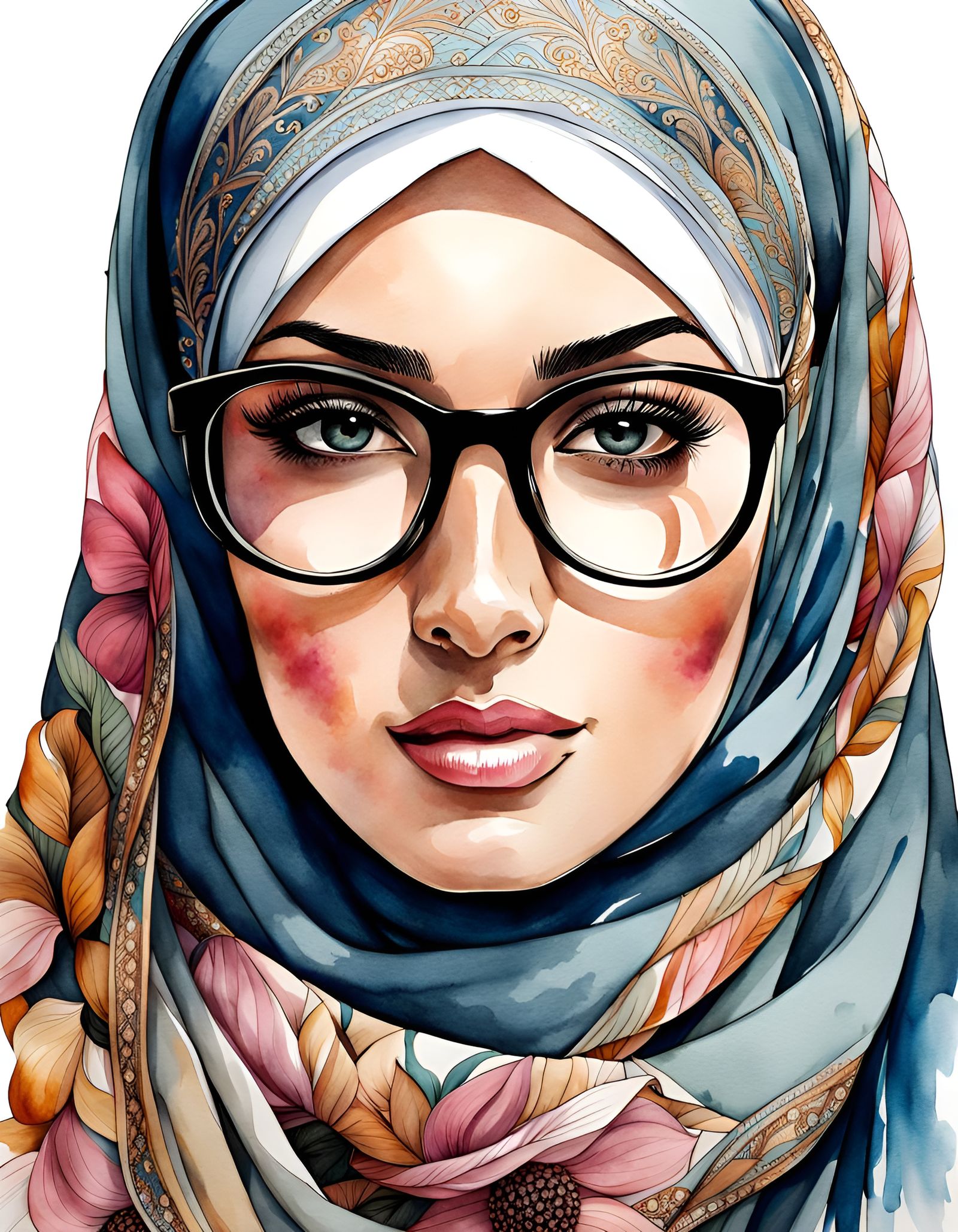 Watercolor Portrait of Woman in Hijab with Glasses