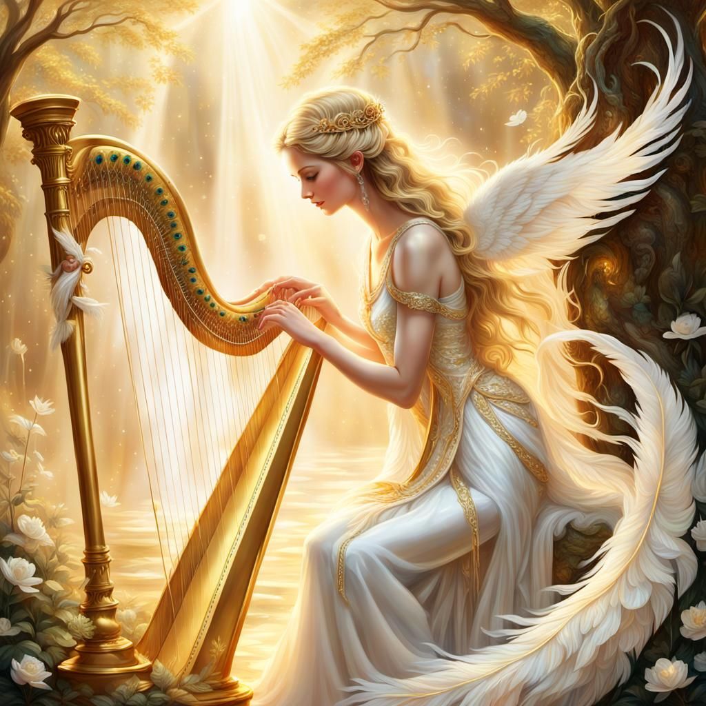 Golden Goddess Plays Harp Tail of Sparkling Peacock in Ether...