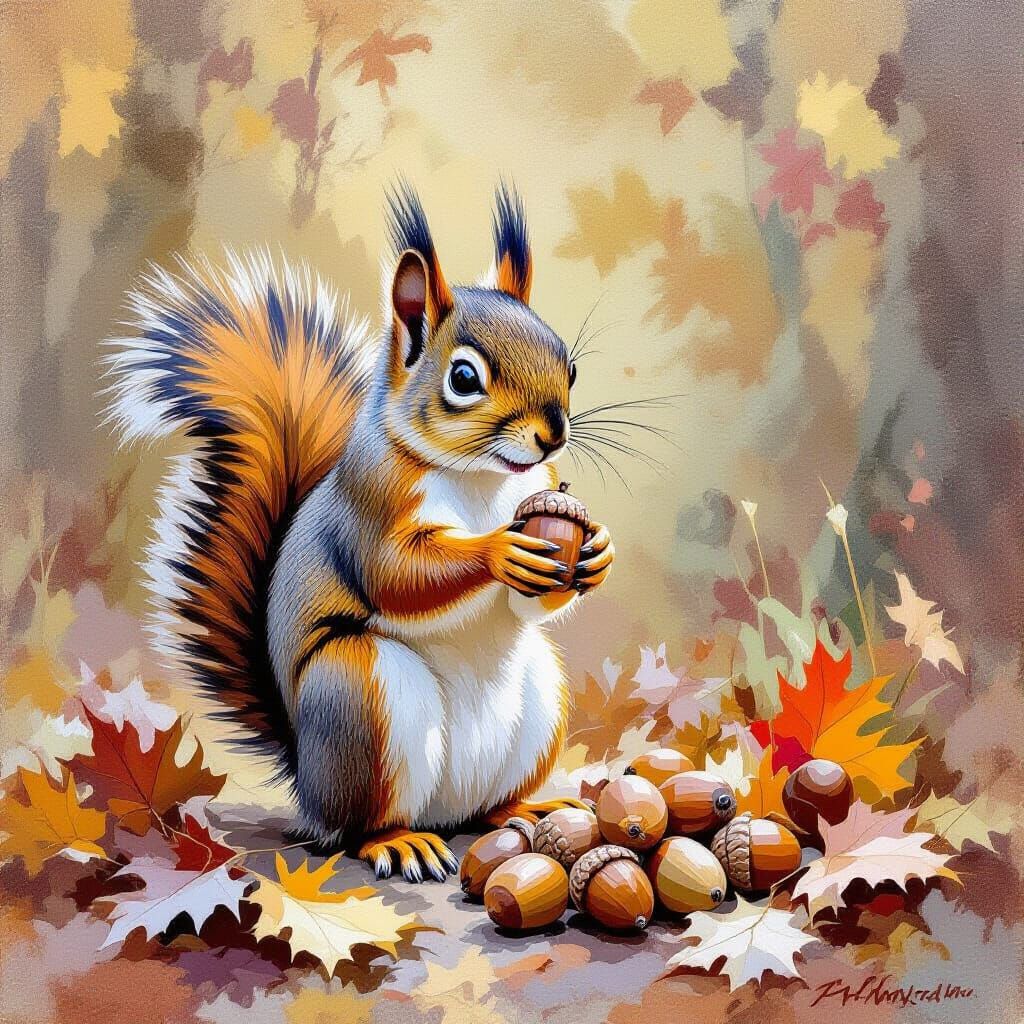Squirrel Gathering Acorns in Impressionist Gouache Style
