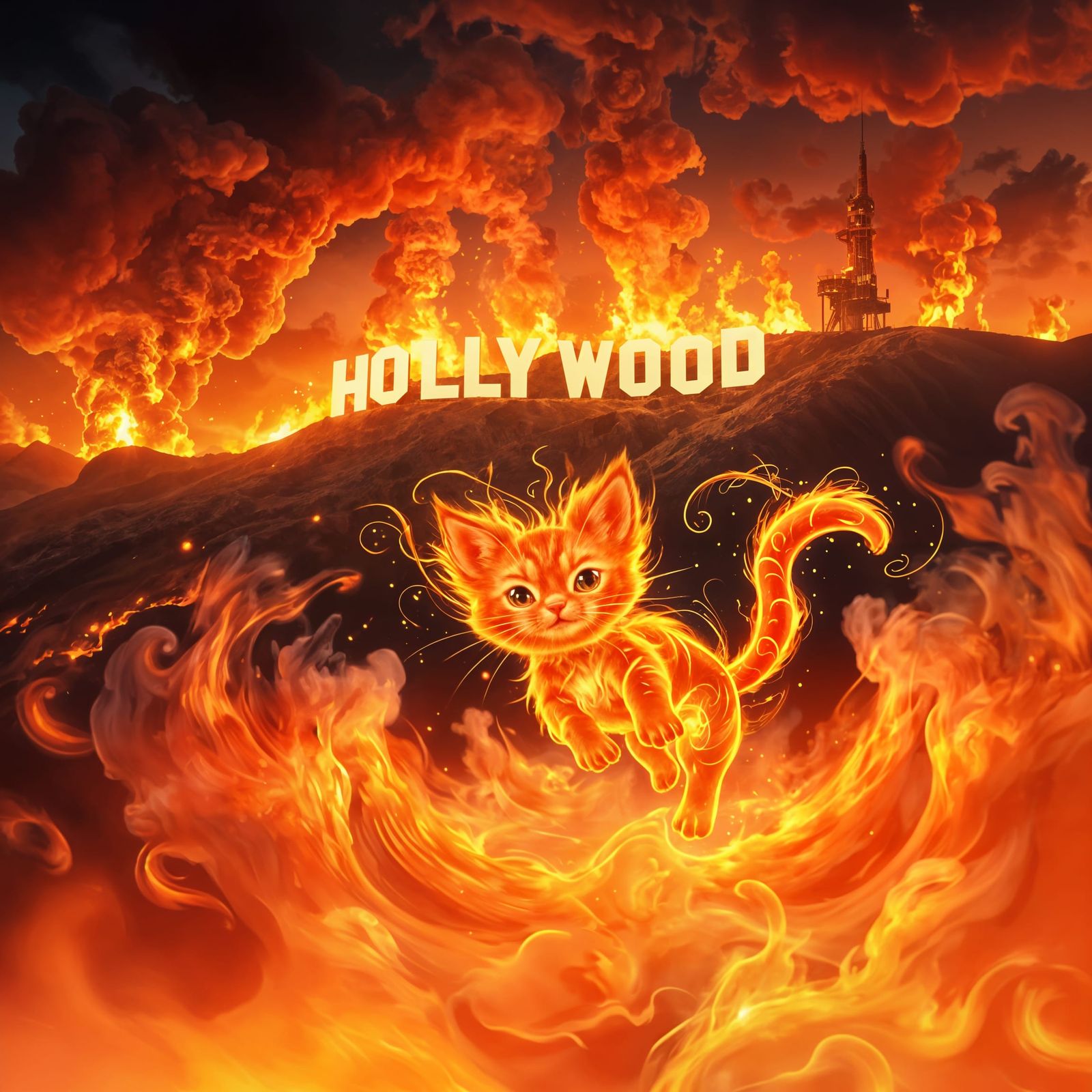 Mystical Kitten Ignites Hollywood Sign in Epic Digital Paint...