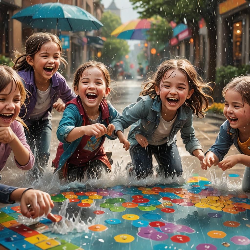 Kids Laughing While Creating Board Game: Hyperrealistic Spla...