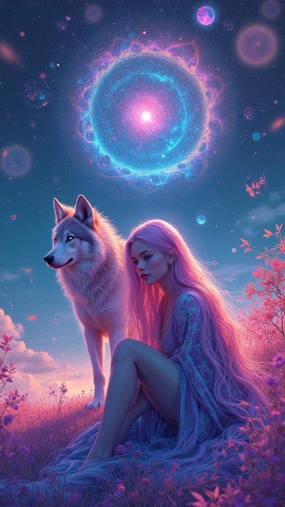 Dreamlike Goddess in Vibrant, Iridescent Splendor