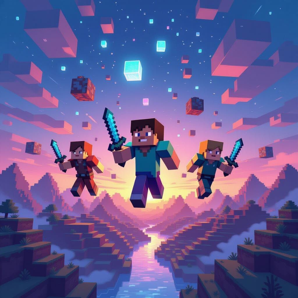 Minecraft Characters Fly Through Digital Sky