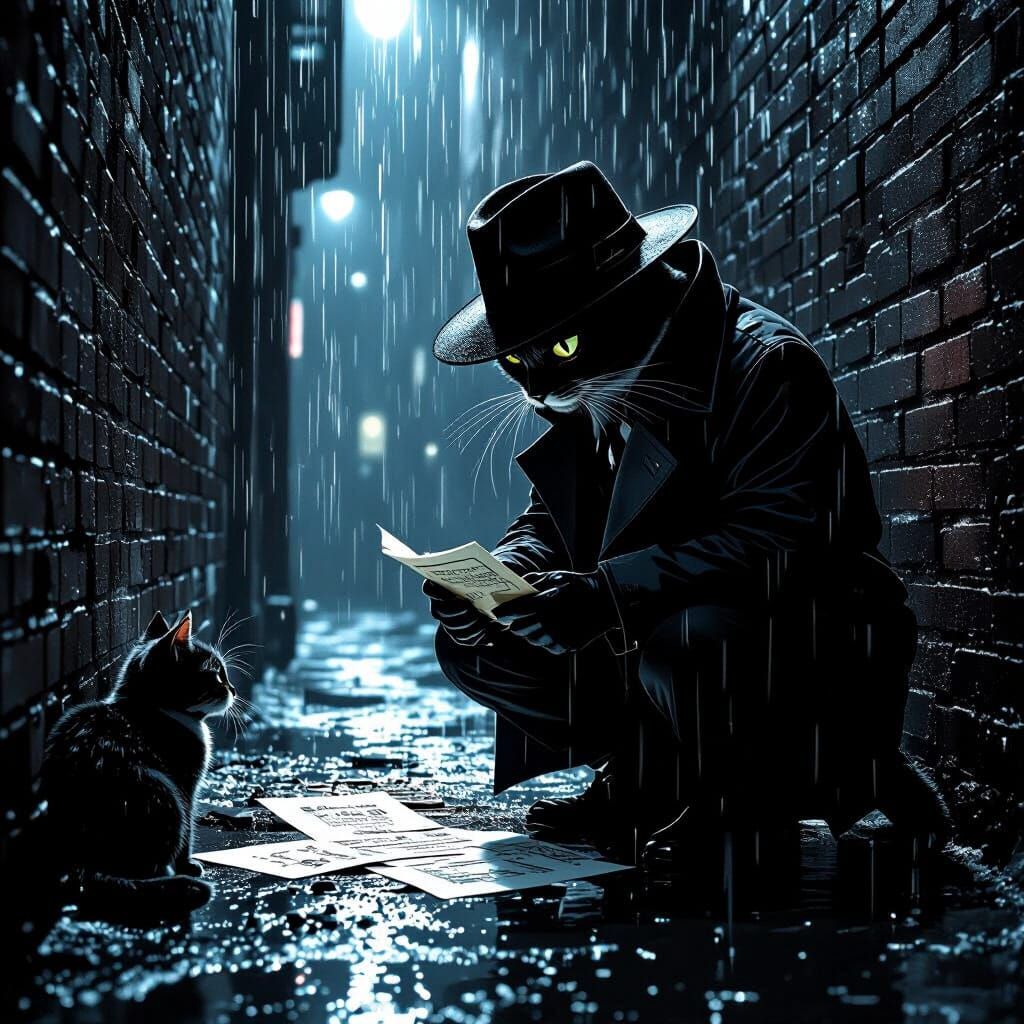 Anthropomorphic Cat Detective in Gritty Film Noir Scene