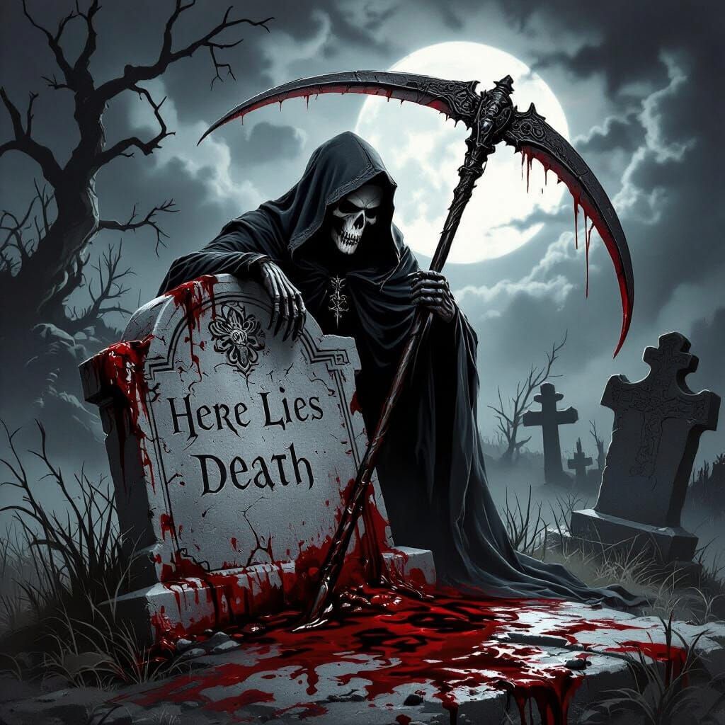 Death's Scythe and Robes on a Bloody Grave