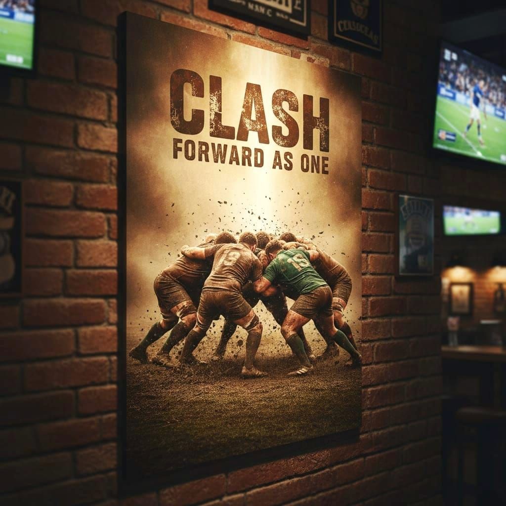 Rugby Scrum Poster in Gritty Sports Photography Style