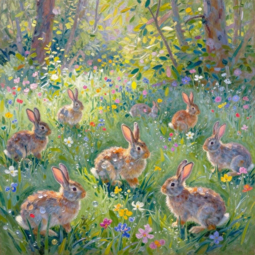 Impressionistic Spring Forest Scene with Playful Rabbits