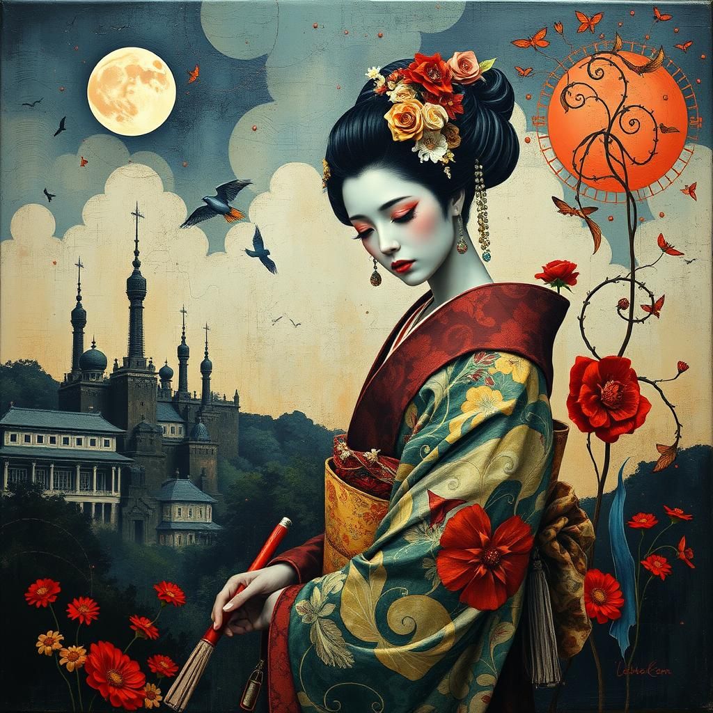 Mournful Geisha in Kimono: Impasto Art Deco Surrealism