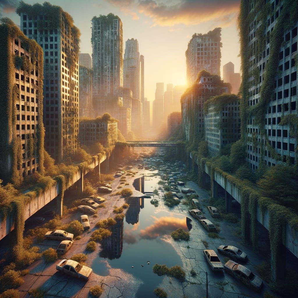 Post-Apocalyptic Cityscape Reclaimed by Nature at Sunset