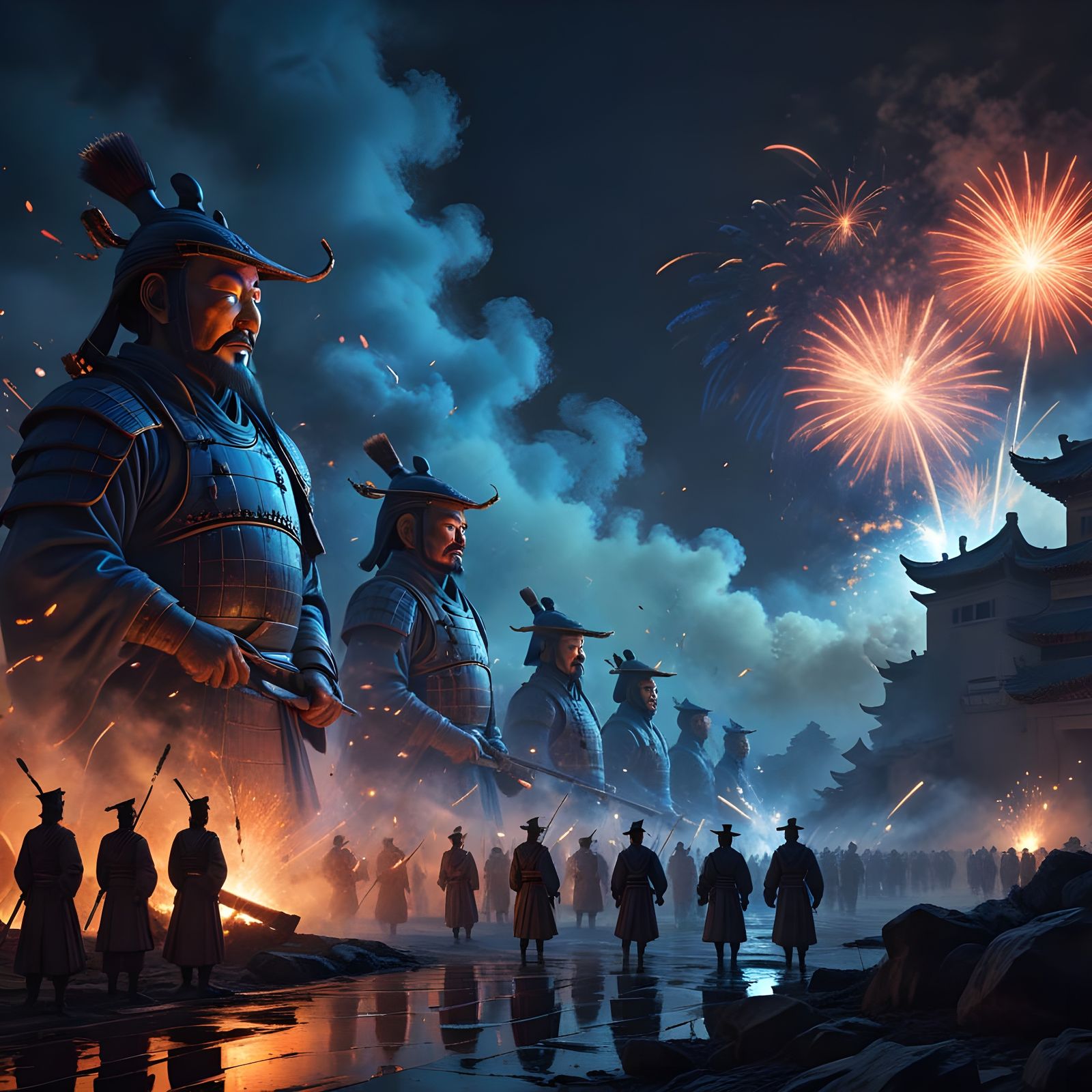 Ancient Chinese Fireworks Light Up Night Sky with Terracotta...