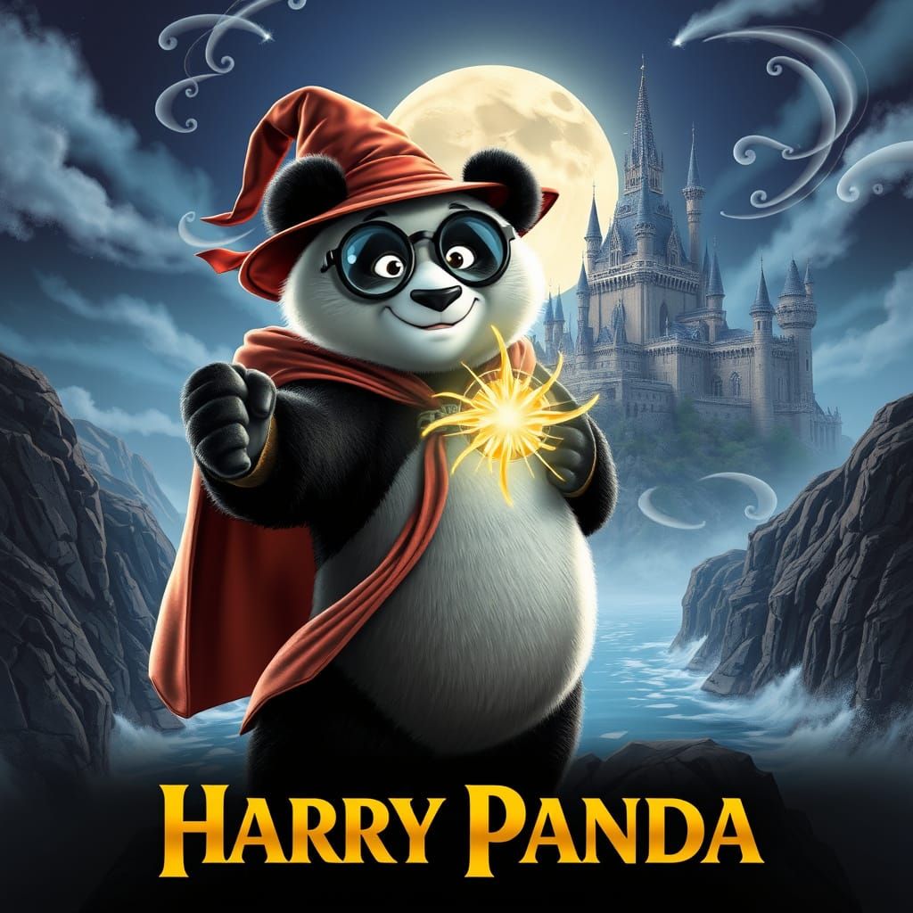 Heroic Panda Wizard with Magical Wand and Enchanted Castle P...