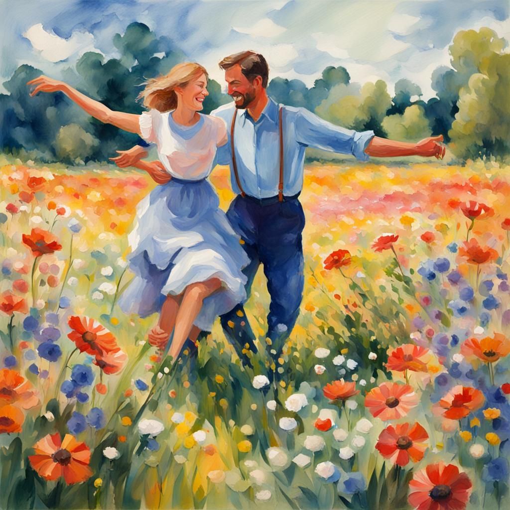 Impressionist Gouache: Lovers in a Flower Field