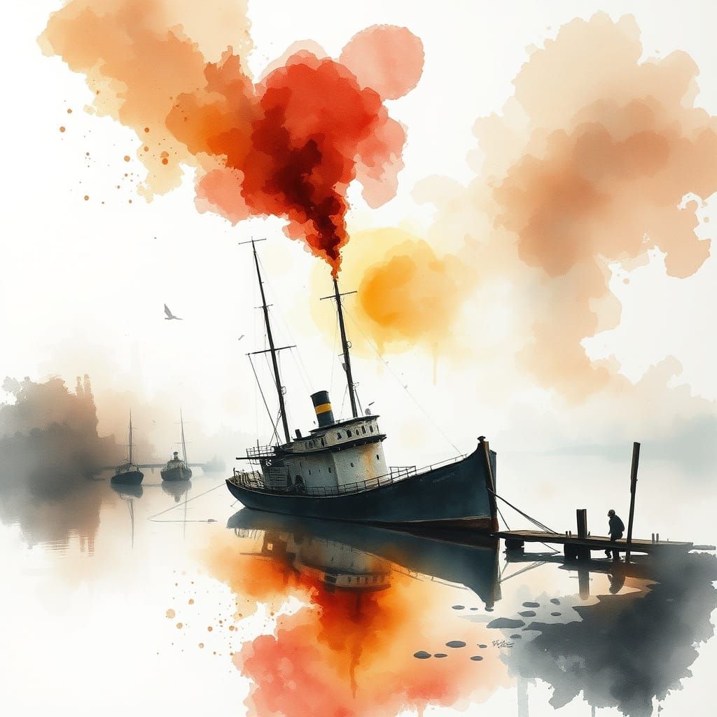 Abandoned Steamboat at a Foggy Harbor in Ethereal Watercolor